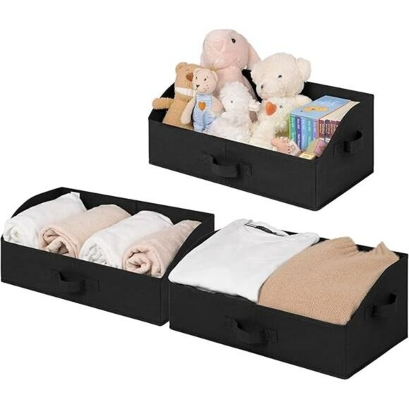 Closet Organizer Storage Bins Fabric Shelf Baskets Foldable 3 Pack Black - Picture 7 of 7
